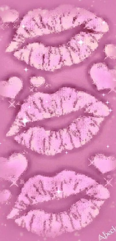 Pink wallpaper with lipstick kisses and hearts.