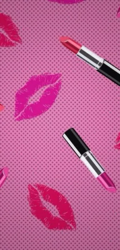 Pink lipstick and kiss pattern on dotted background.