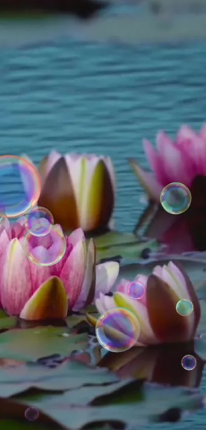 Pink lotus flowers with bubbles floating on water in a serene wallpaper scene.