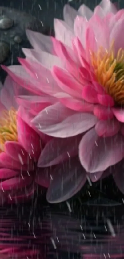 Pink lotus flowers in rain with dark background.