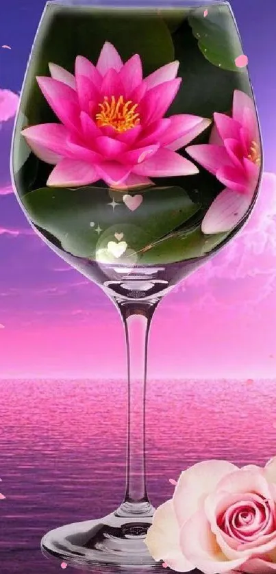 A pink lotus in a glass with a sunset background over calm waters.