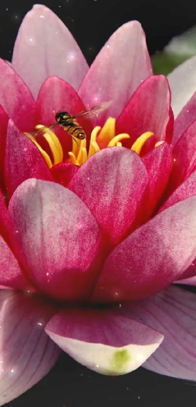 A vibrant pink lotus flower on green lily pads.