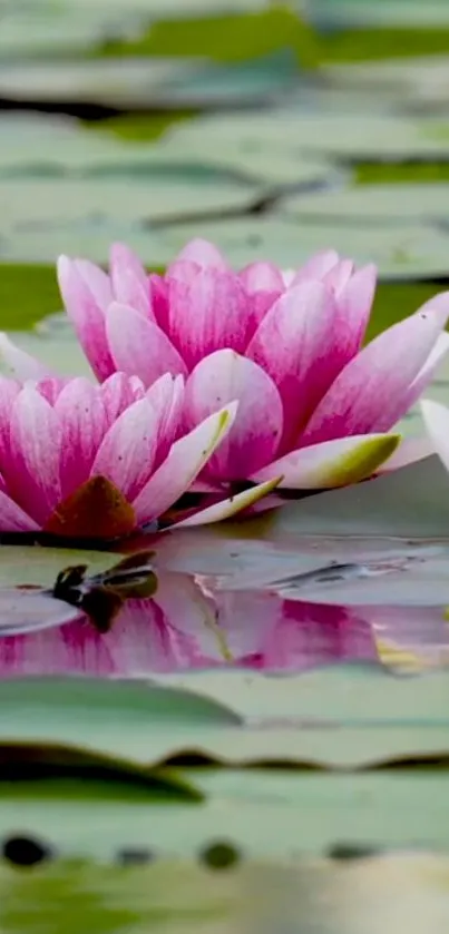 Vibrant pink lotus flowers on green water.