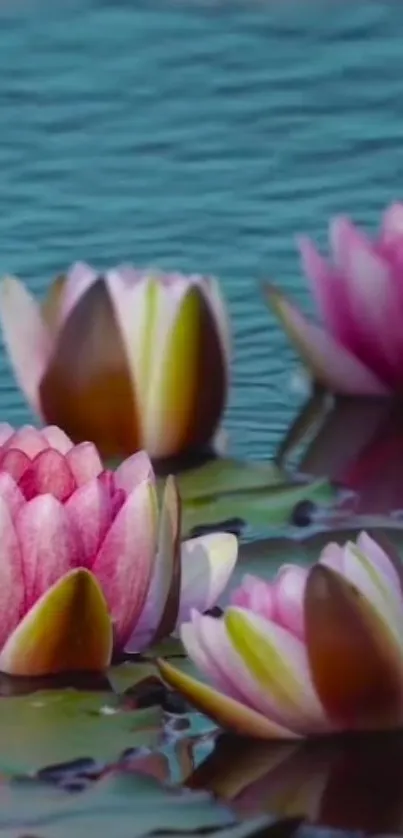 Pink lotus flowers floating on teal blue water.