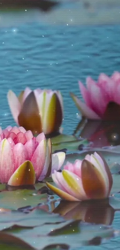 Pink lotus blooms gently floating on blue water.