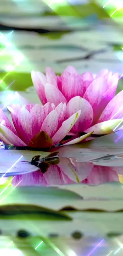 Pink lotus flowers with sparkling water reflection.