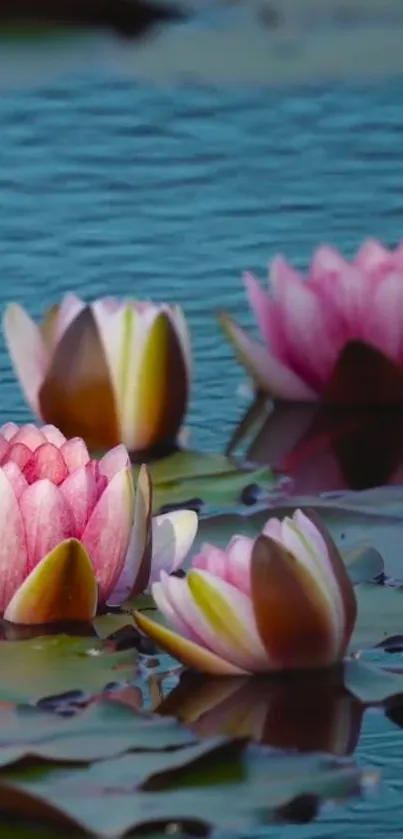 Pink lotus flowers floating gracefully on calm blue water.