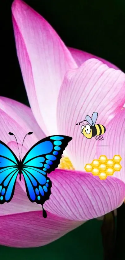 Vivid wallpaper of a pink lotus with a butterfly and a bee.