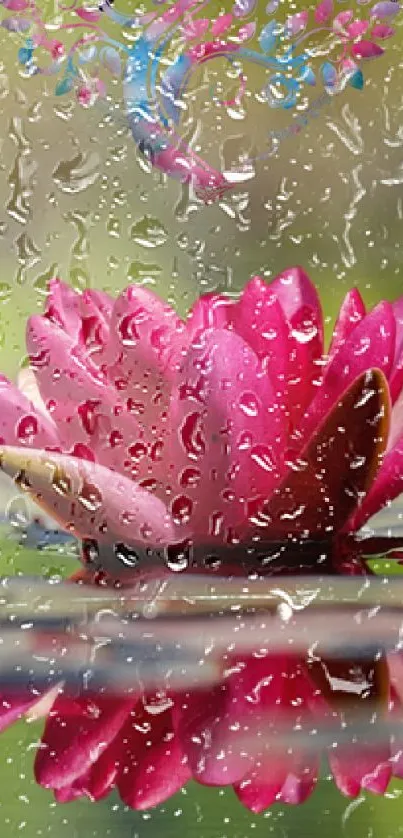 Pink lotus flower with water droplets on screen.