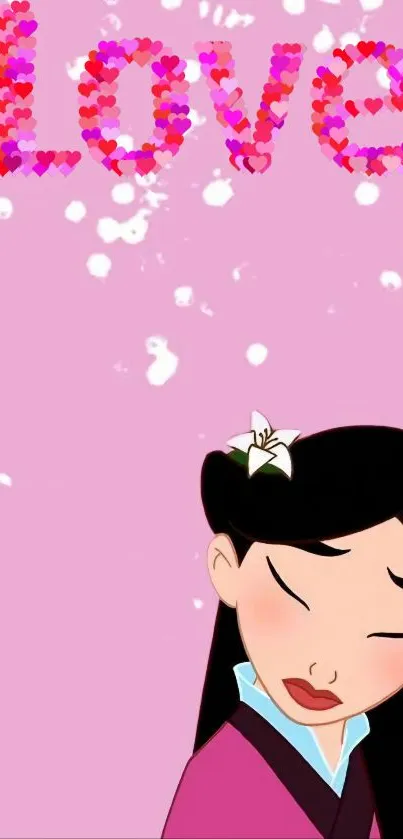 An animated character with pink love-themed background and hearts.