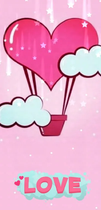 Pink heart-shaped love balloon with clouds on a soft pink background.