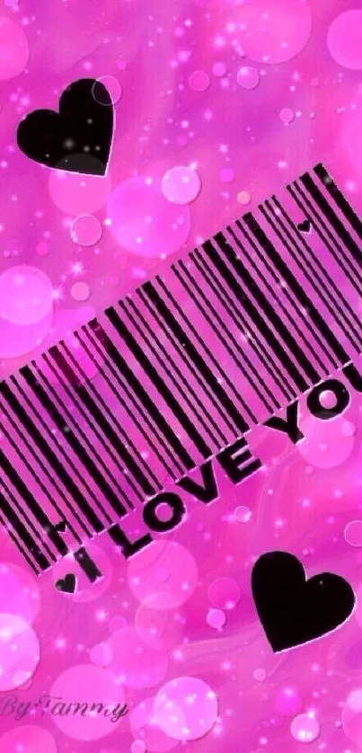 Pink wallpaper with barcode and hearts design.