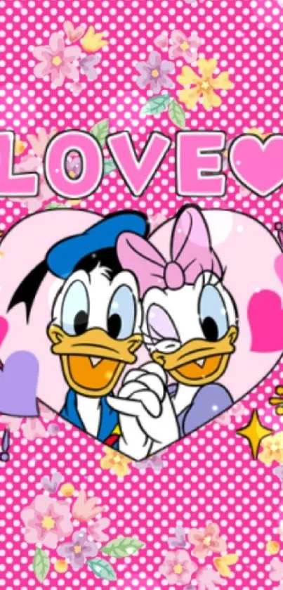 Pink cartoon wallpaper featuring ducks and hearts, perfect for a love theme.