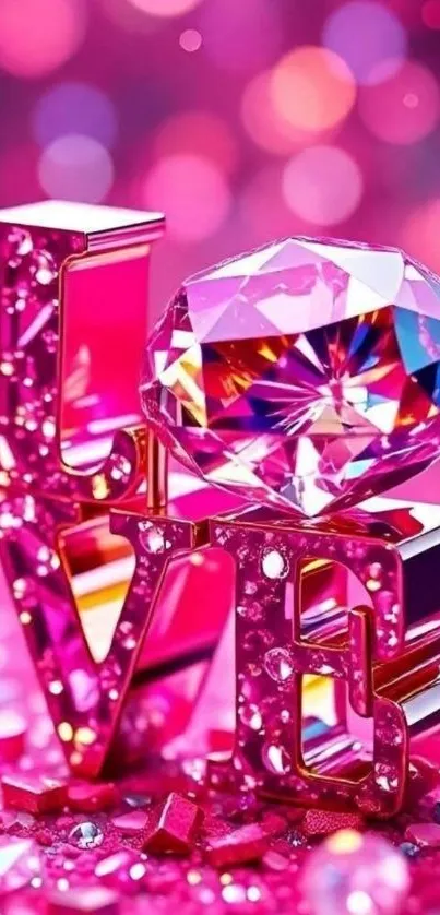 Pink LOVE design with a diamond in a sparkling setting.