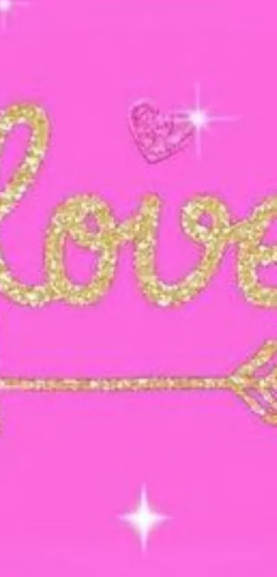 Pink glitter love wallpaper with a gold arrow.