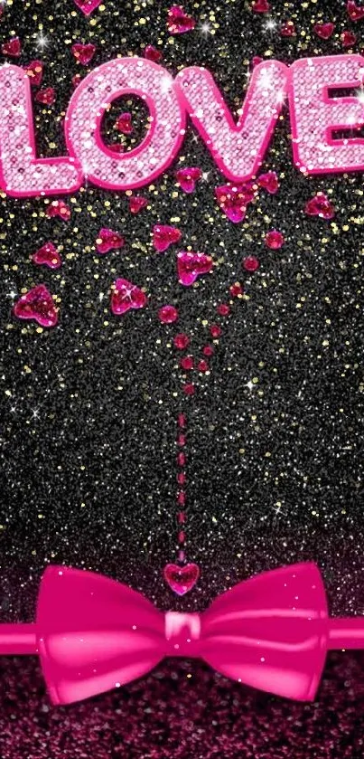 Pink glitter love wallpaper with hearts and bow.