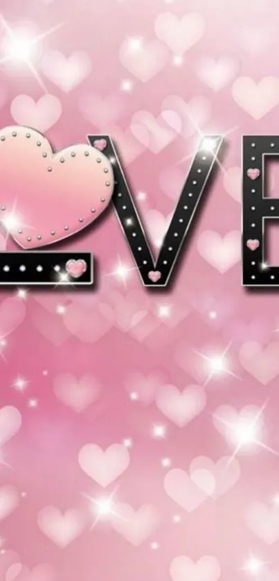 Romantic pink love wallpaper with hearts and sparkles.