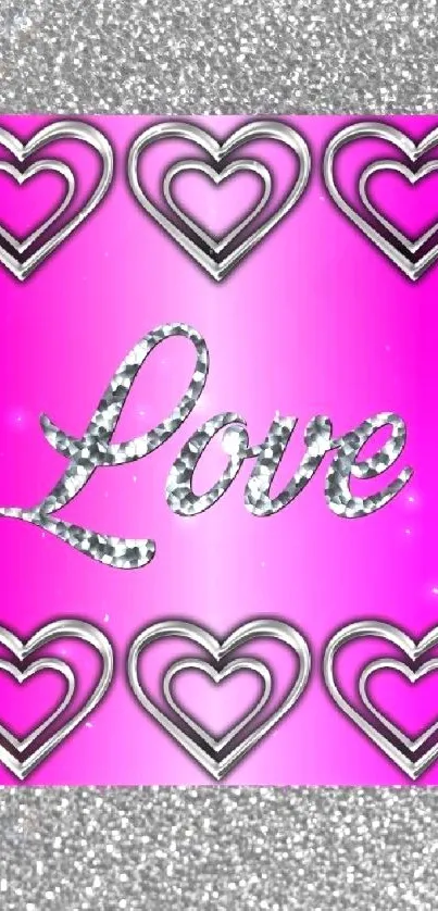 Pink wallpaper with silver hearts and 'Love' in stylish typography.