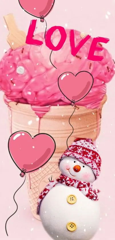 Pink ice cream with balloons and a snowman illustration.