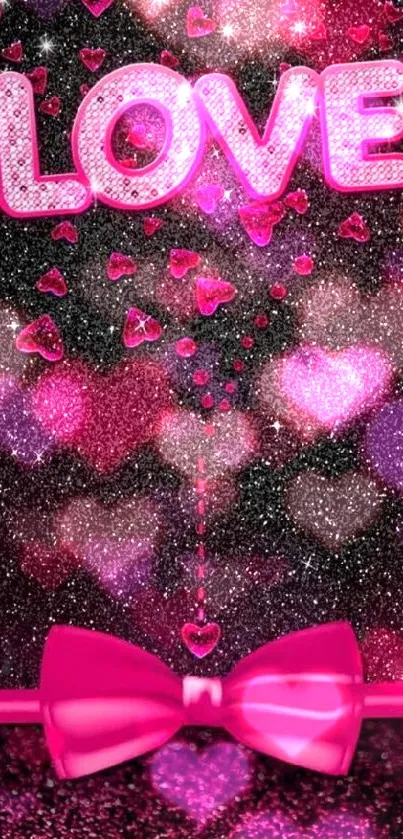 Glittery pink love wallpaper with hearts and bow.