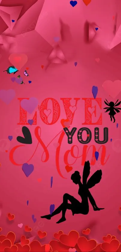 Mobile wallpaper with 'Love You Mom' text and pink heart designs.