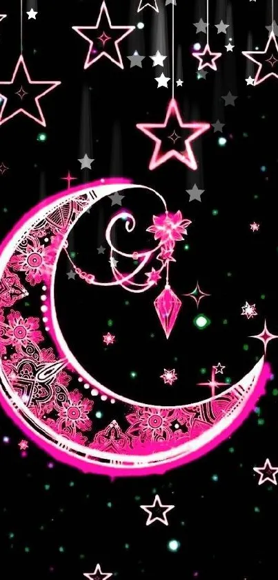 Pink crescent moon with stars on black background wallpaper.