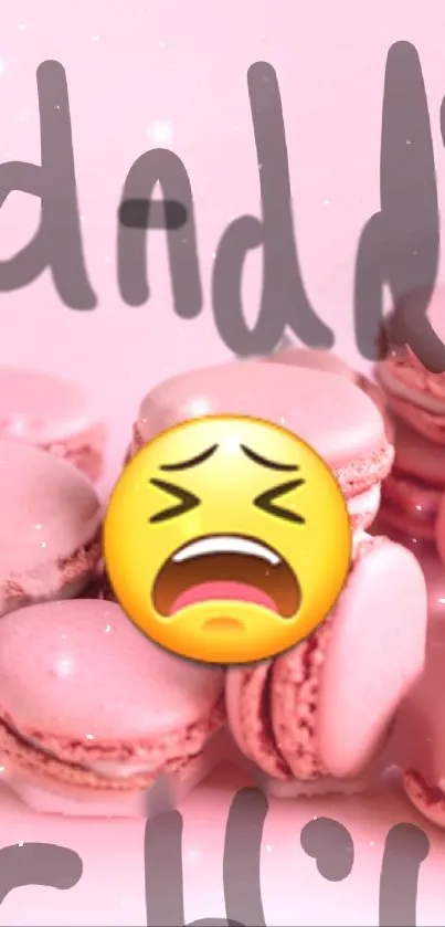 Pink macaron wallpaper with cry emoji and text art.