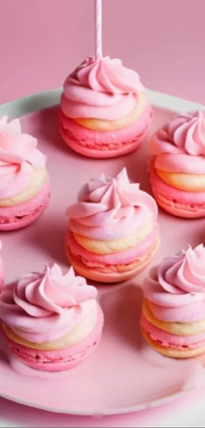 Pink macarons with creamy swirls on a tray.