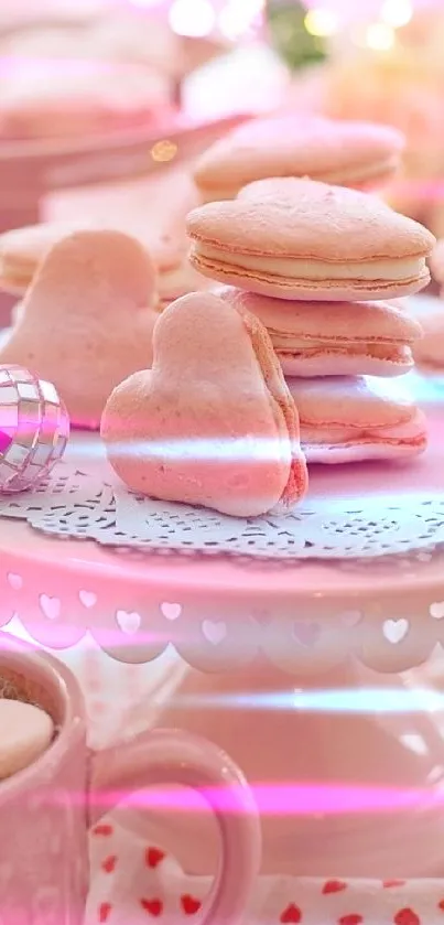 Pink heart-shaped macarons on a cake stand.