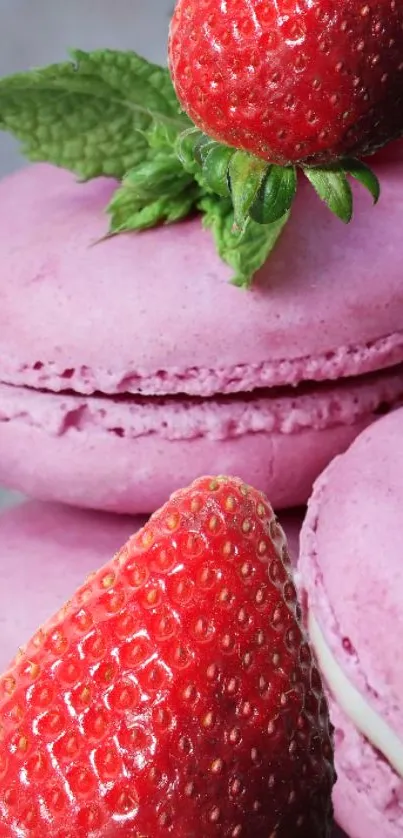 Pink macarons topped with strawberries and mint