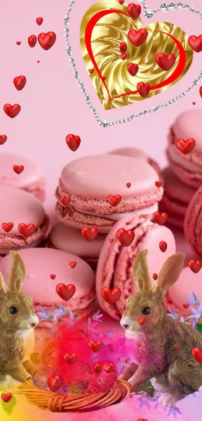 Whimsical pink macaron and bunny mobile wallpaper with a heart design.