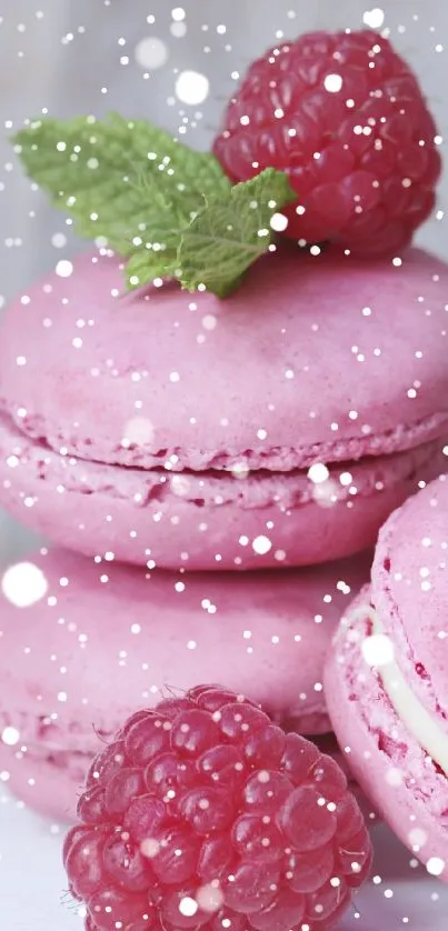 Pink macarons with raspberries on pastel background.