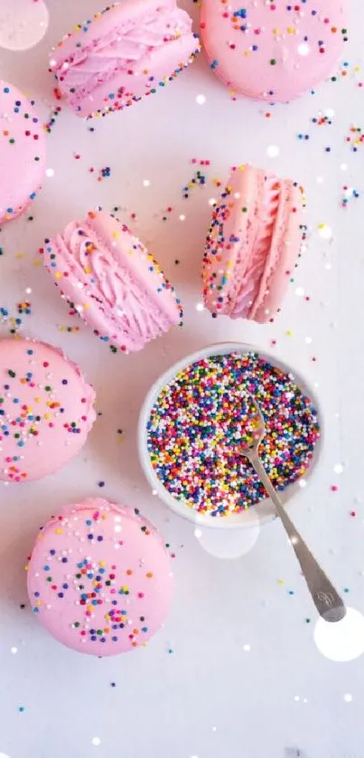 Pink macarons with colorful sprinkles on a light background.