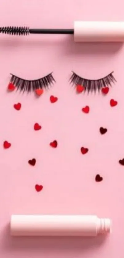 Pink wallpaper with makeup theme and heart decorations.