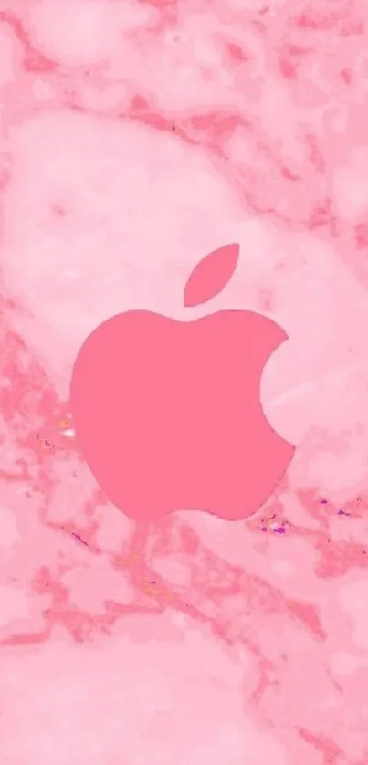 Pink marble wallpaper with Apple logo in center for mobile devices.