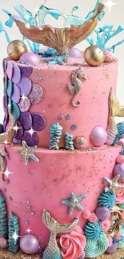 Whimsical pink mermaid-themed cake wallpaper.