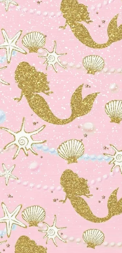 Pink wallpaper with golden mermaids and seashells.