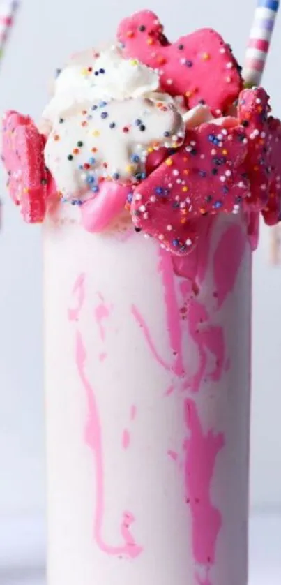 Vibrant pink milkshake with colorful sprinkles and whipped cream.