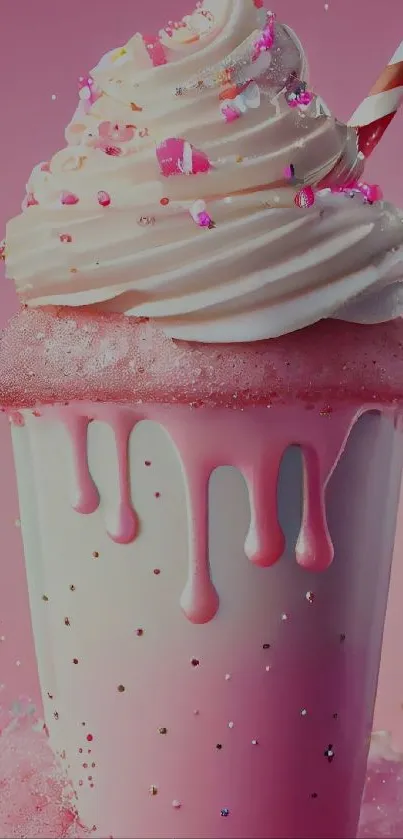 Pink milkshake with whipped cream and sprinkles on a vibrant background.