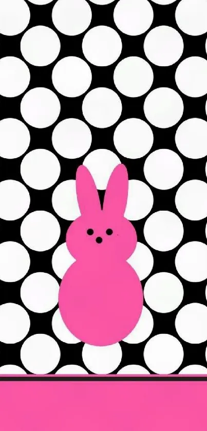 Pink bunny on black and white polka dot background wallpaper.