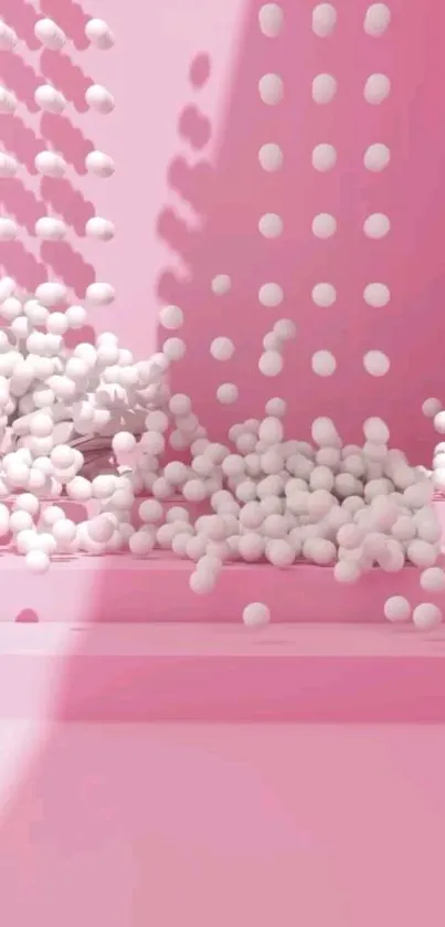 Pink minimalist wallpaper with floating white balls in abstract design.