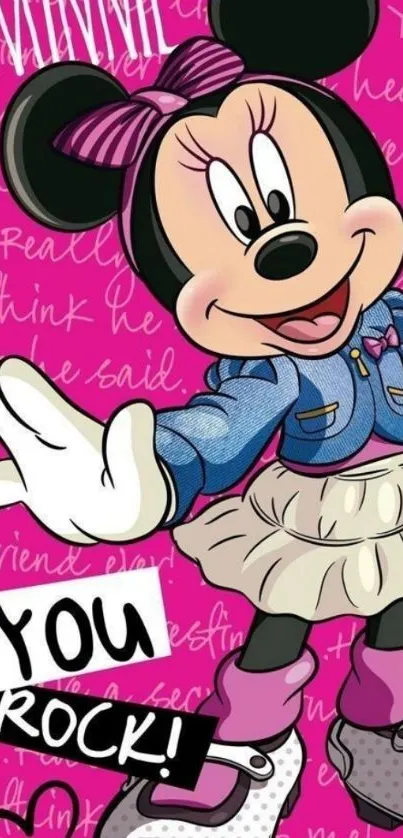 Vibrant pink Minnie Mouse phone wallpaper with 'You Rock' text.