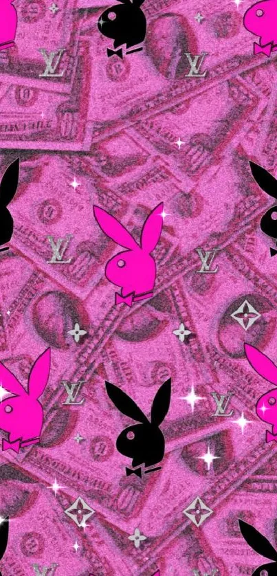 Pink money-themed wallpaper with bunny icons.