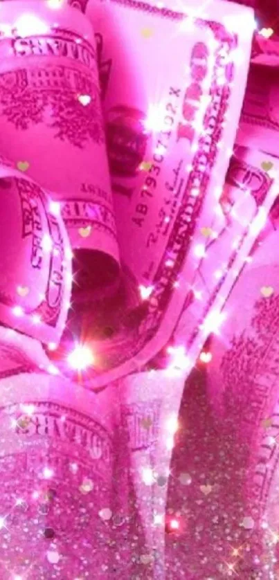 Pink money wallpaper with glitter and sparkles.