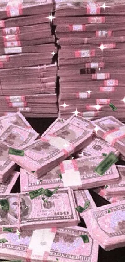 Money stacks in pink color wallpaper design.