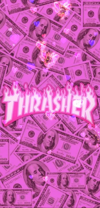 Pink Thrasher logo with dollar bills background.