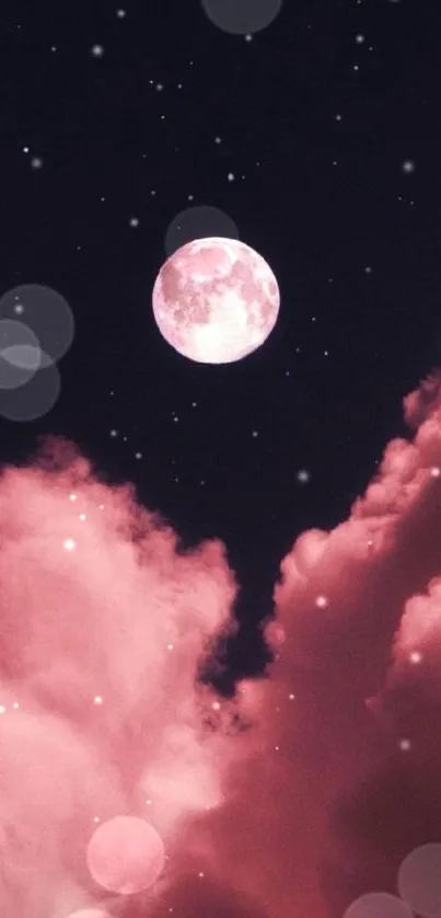 Moon and pink clouds in night sky wallpaper.