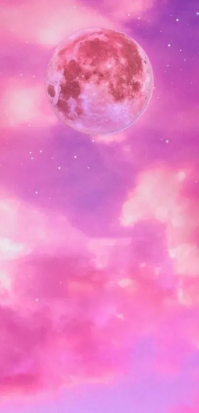 Pink moon and clouds wallpaper with stars in a dreamy celestial sky.