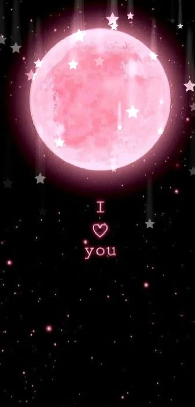 Beautiful pink moon with 'I love you' text and starry background wallpaper.