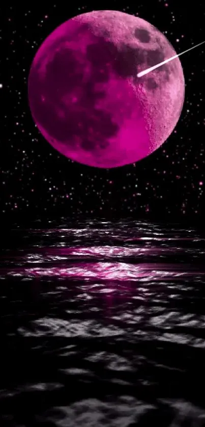 Mobile wallpaper with pink moon in a starry night sky reflecting on water.